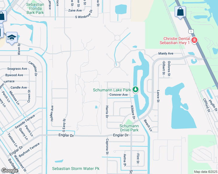 map of restaurants, bars, coffee shops, grocery stores, and more near 166 Harris Drive in Sebastian