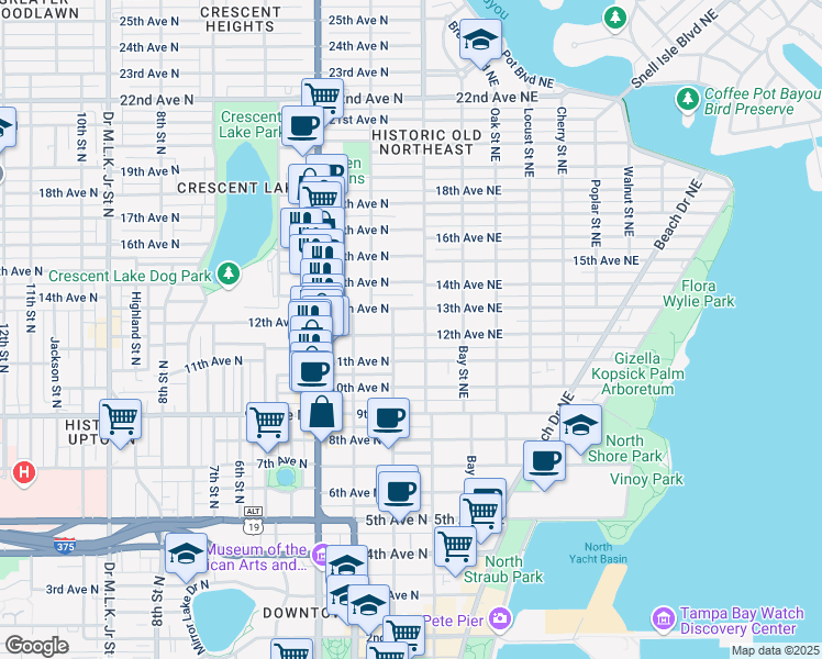 map of restaurants, bars, coffee shops, grocery stores, and more near 109 12th Avenue North in Saint Petersburg