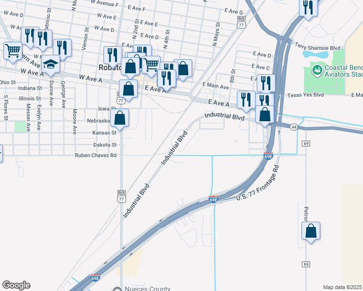 map of restaurants, bars, coffee shops, grocery stores, and more near 504 Industrial Boulevard in Robstown