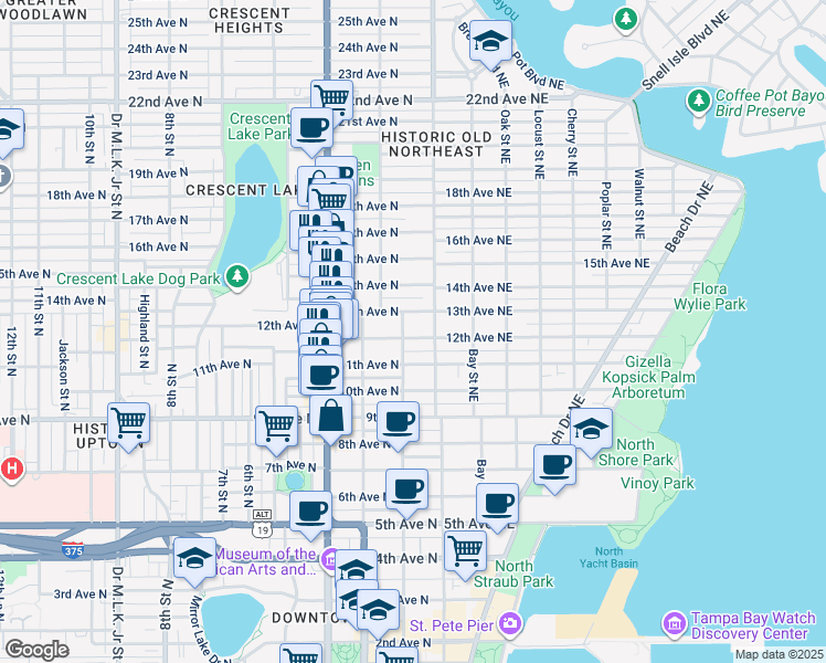 map of restaurants, bars, coffee shops, grocery stores, and more near 112 13th Avenue North in St. Petersburg