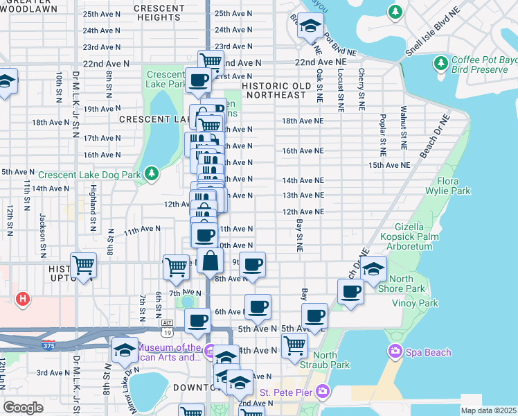 map of restaurants, bars, coffee shops, grocery stores, and more near 112 13th Avenue North in St. Petersburg