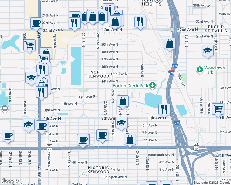 map of restaurants, bars, coffee shops, grocery stores, and more near 2600 13th Avenue North in St. Petersburg