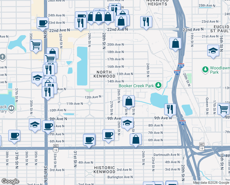 map of restaurants, bars, coffee shops, grocery stores, and more near 2600 13th Avenue North in St. Petersburg