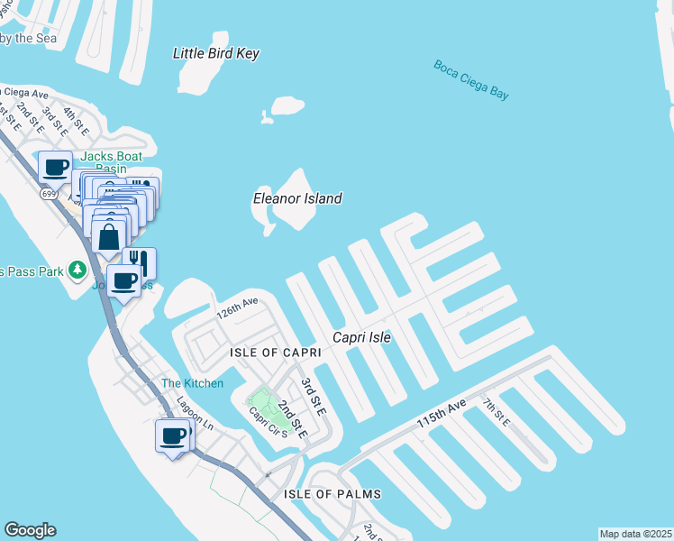 map of restaurants, bars, coffee shops, grocery stores, and more near 12525 5th Street East in Treasure Island