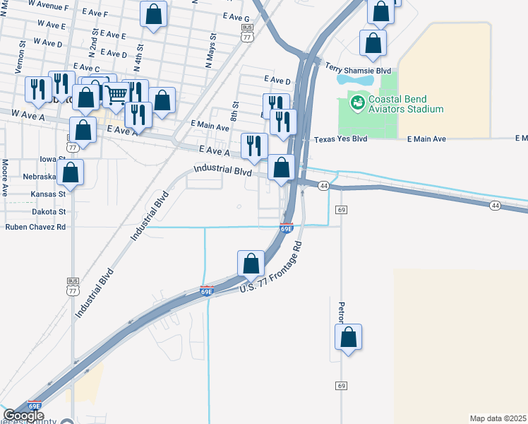 map of restaurants, bars, coffee shops, grocery stores, and more near 499 South 9th Street in Robstown