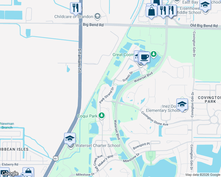 map of restaurants, bars, coffee shops, grocery stores, and more near 6718 Park Strand Drive in Apollo Beach