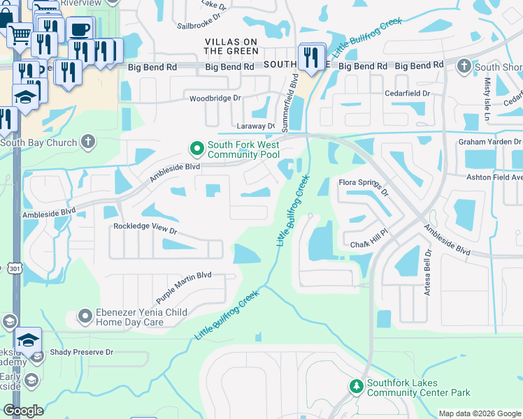 map of restaurants, bars, coffee shops, grocery stores, and more near 11160 Golden Silence Drive in Riverview