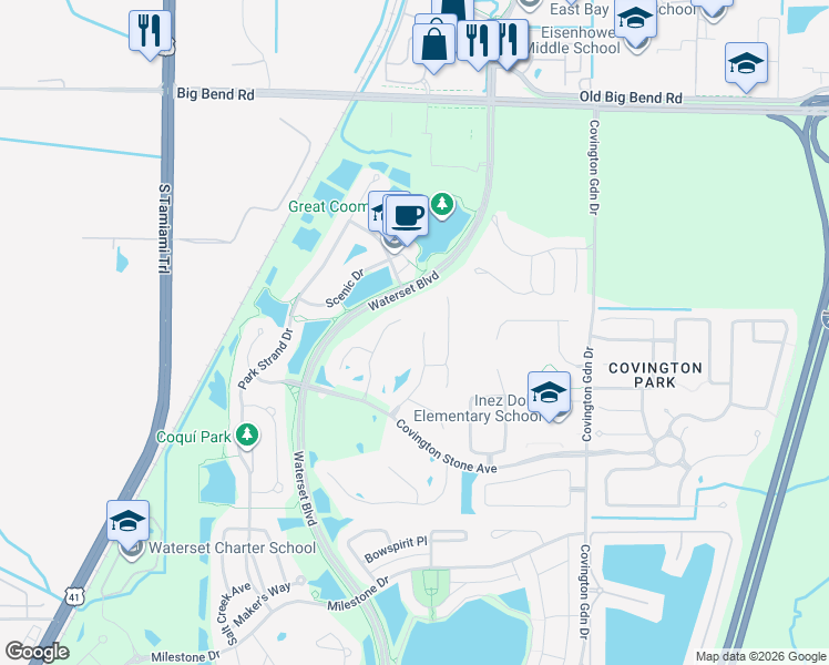 map of restaurants, bars, coffee shops, grocery stores, and more near 6814 Guilford Crest Drive in Apollo Beach