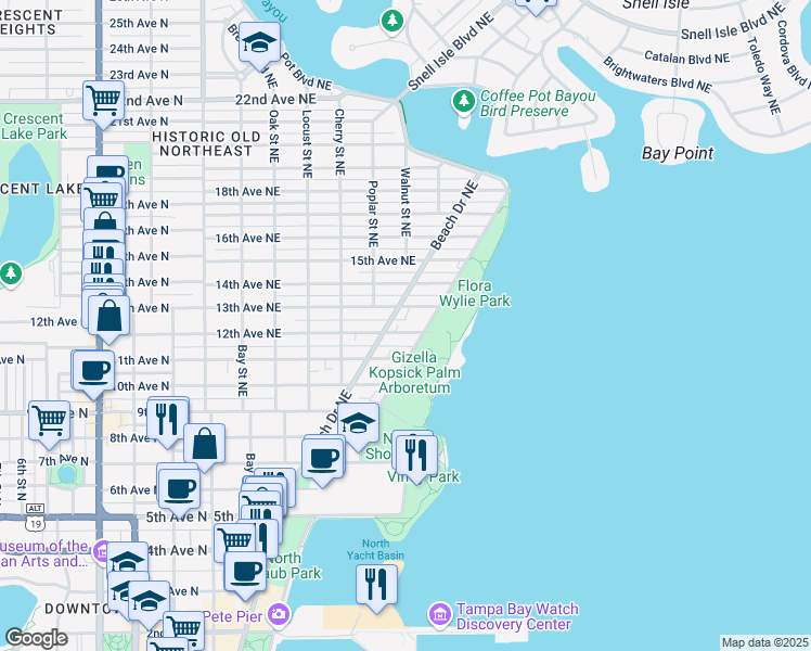 map of restaurants, bars, coffee shops, grocery stores, and more near 635 12th Avenue Northeast in St. Petersburg