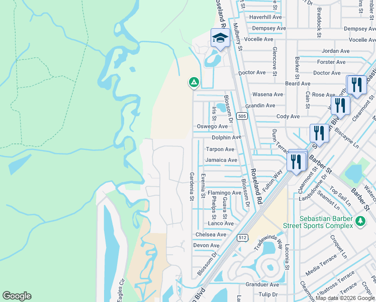 map of restaurants, bars, coffee shops, grocery stores, and more near 514 Cross Creek Circle in Sebastian