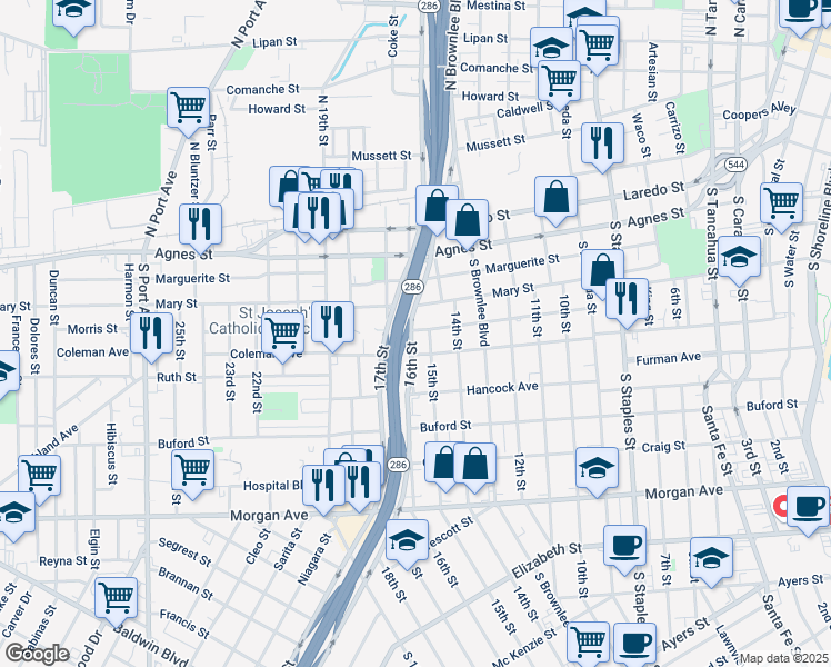 map of restaurants, bars, coffee shops, grocery stores, and more near 650 16th Street in Corpus Christi