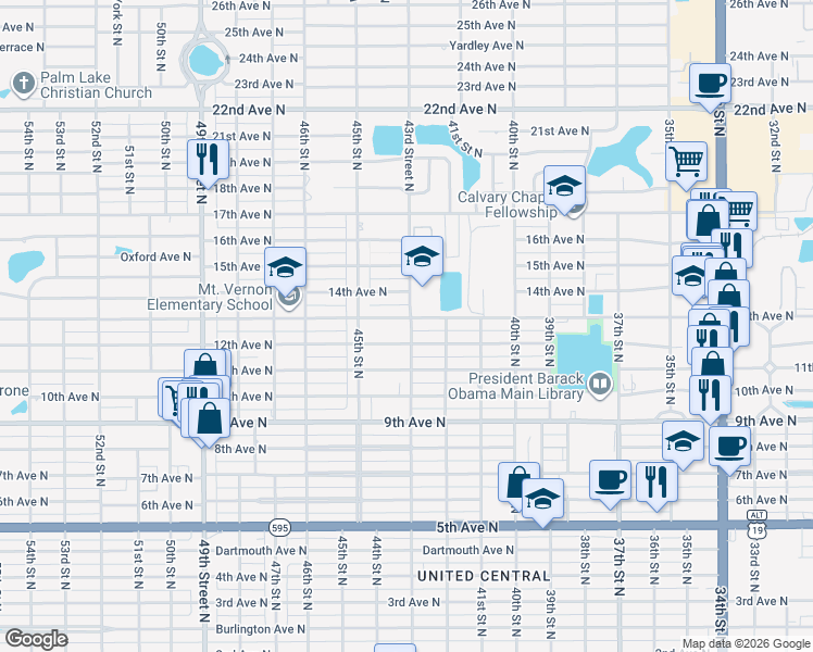 map of restaurants, bars, coffee shops, grocery stores, and more near 4300 13th Avenue North in St. Petersburg