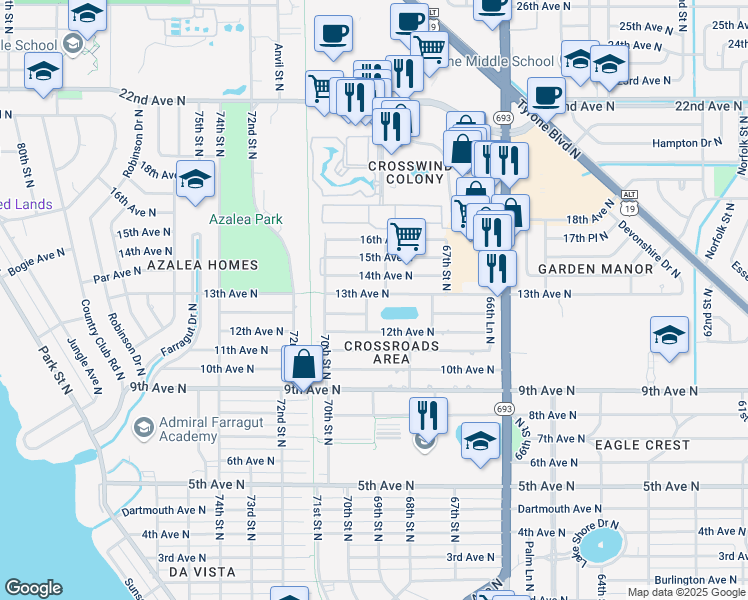 map of restaurants, bars, coffee shops, grocery stores, and more near 6870 13th Avenue North in St. Petersburg