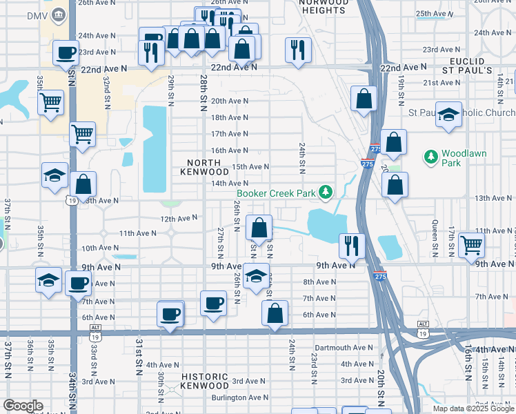 map of restaurants, bars, coffee shops, grocery stores, and more near 2526 13th Avenue North in St. Petersburg