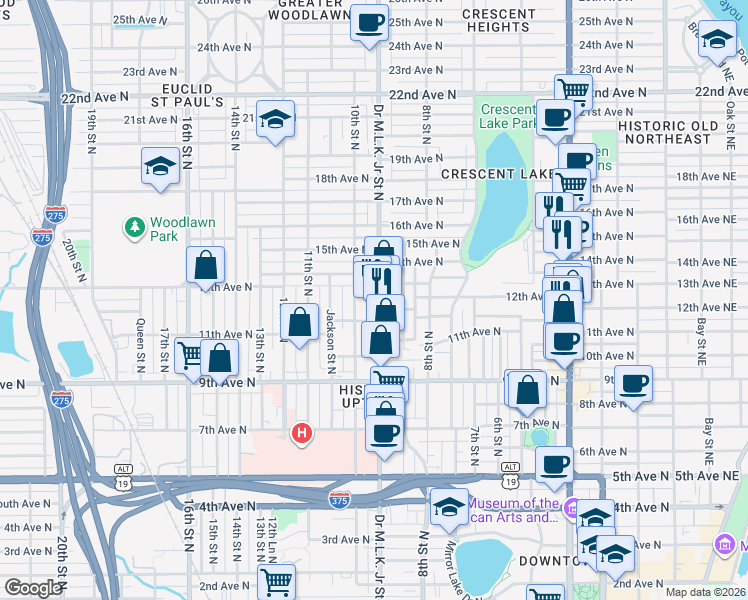 map of restaurants, bars, coffee shops, grocery stores, and more near 1250 Doctor Martin Luther King Junior Street North in St. Petersburg