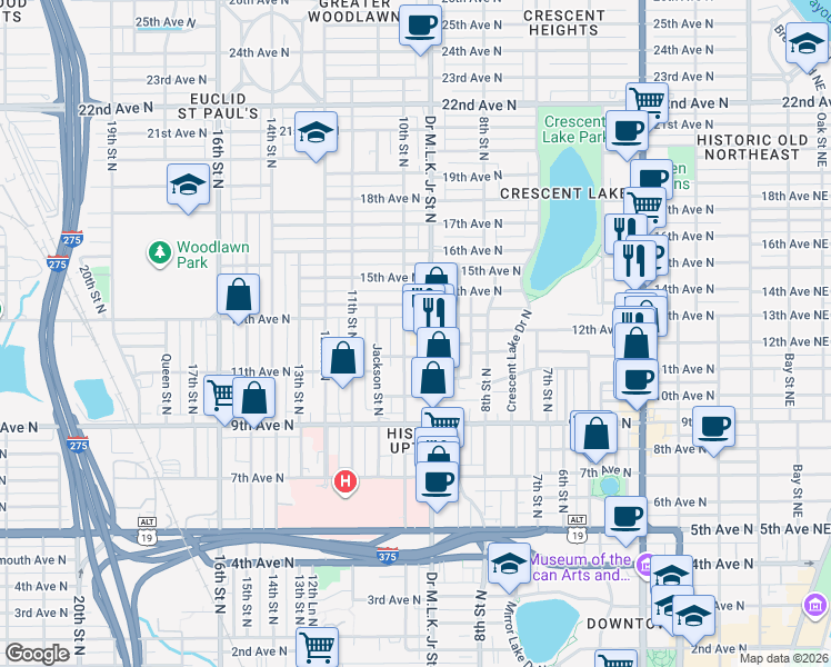 map of restaurants, bars, coffee shops, grocery stores, and more near 916 13th Avenue North in St. Petersburg