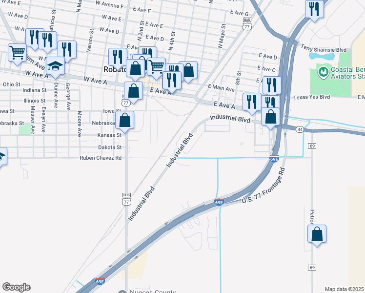 map of restaurants, bars, coffee shops, grocery stores, and more near 504 Industrial Boulevard in Robstown