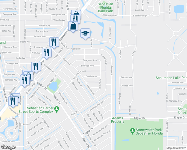 map of restaurants, bars, coffee shops, grocery stores, and more near 433 Candle Avenue in Sebastian