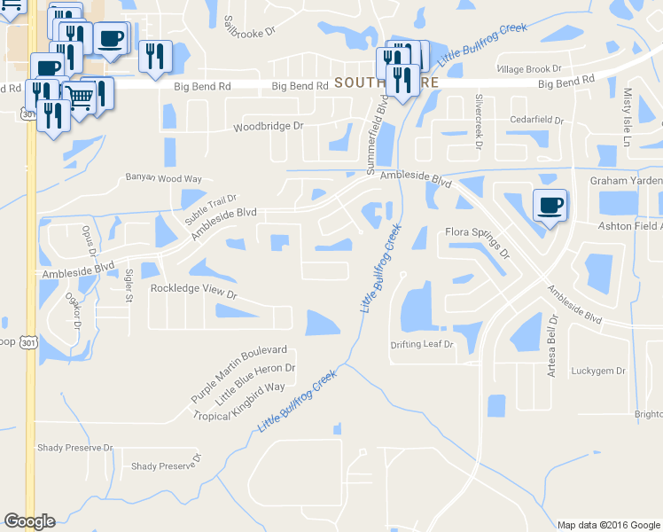 map of restaurants, bars, coffee shops, grocery stores, and more near 11166 Golden Silence Drive in Riverview