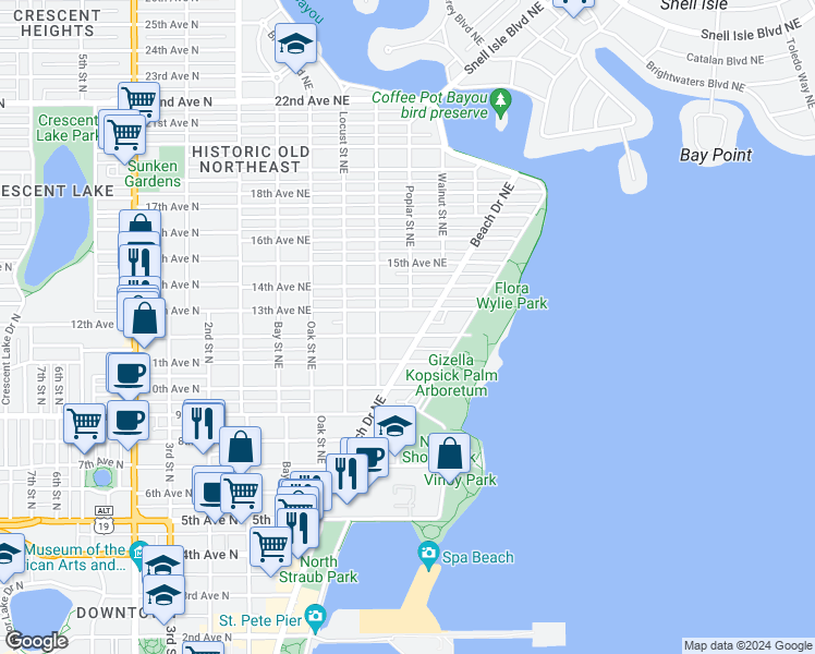 map of restaurants, bars, coffee shops, grocery stores, and more near 576 13th Avenue Northeast in St. Petersburg