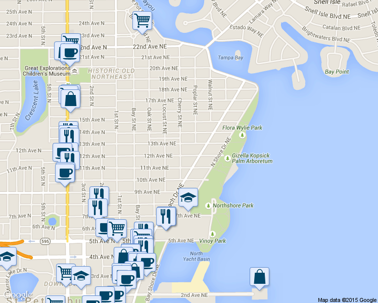 map of restaurants, bars, coffee shops, grocery stores, and more near 576 13th Avenue Northeast in St. Petersburg