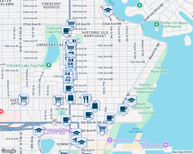 map of restaurants, bars, coffee shops, grocery stores, and more near 140 13th Avenue North in St. Petersburg
