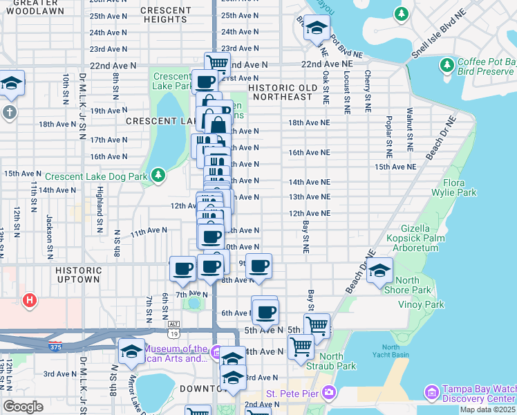 map of restaurants, bars, coffee shops, grocery stores, and more near 220 13th Avenue North in St. Petersburg