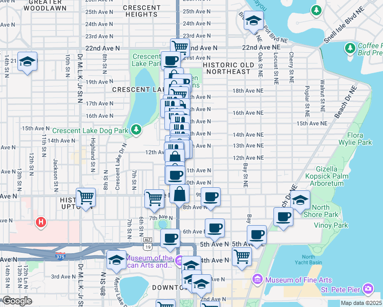map of restaurants, bars, coffee shops, grocery stores, and more near 316 13th Avenue North in St. Petersburg