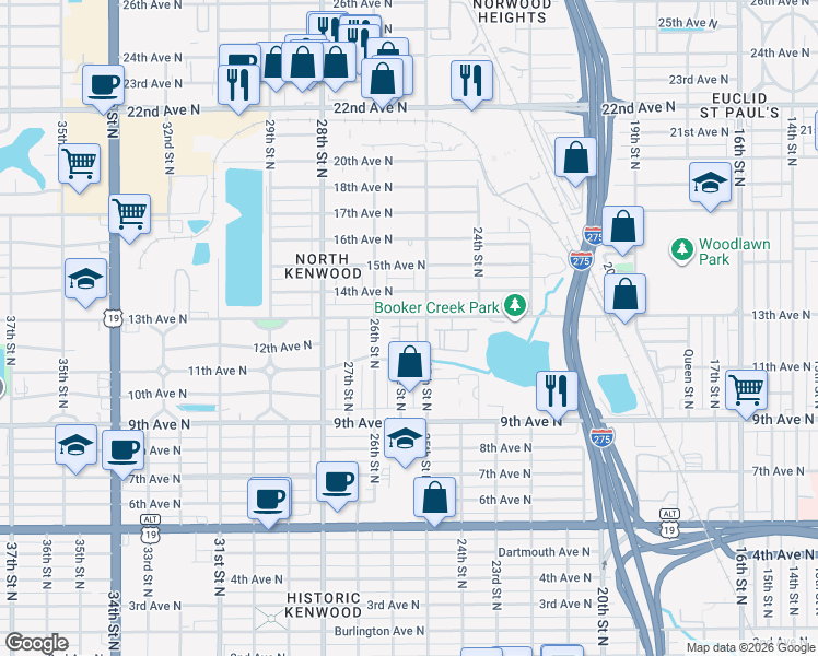 map of restaurants, bars, coffee shops, grocery stores, and more near 2526 13th Avenue North in St. Petersburg