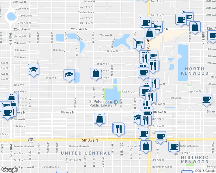 map of restaurants, bars, coffee shops, grocery stores, and more near 3853 13th Avenue North in St. Petersburg