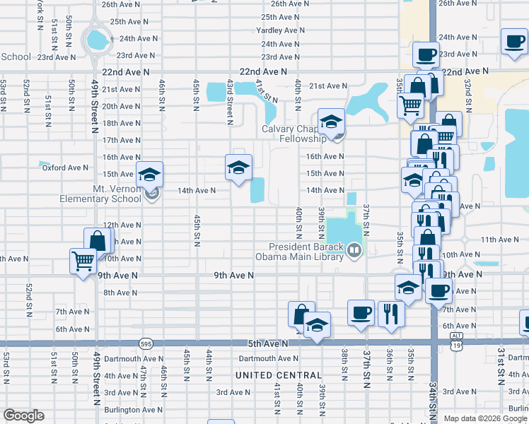 map of restaurants, bars, coffee shops, grocery stores, and more near 4100 13th Avenue North in St. Petersburg