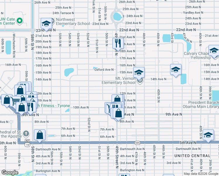 map of restaurants, bars, coffee shops, grocery stores, and more near 4943 13th Avenue North in St. Petersburg