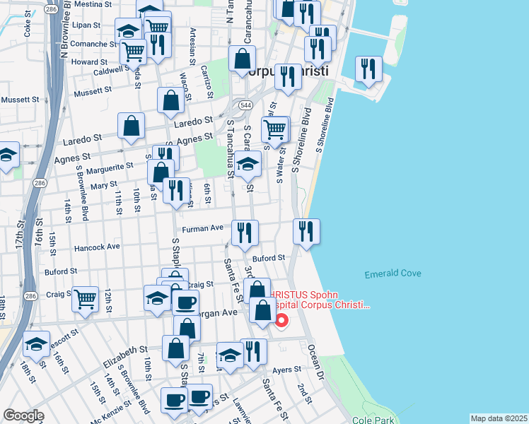 map of restaurants, bars, coffee shops, grocery stores, and more near 805 South Water Street in Corpus Christi