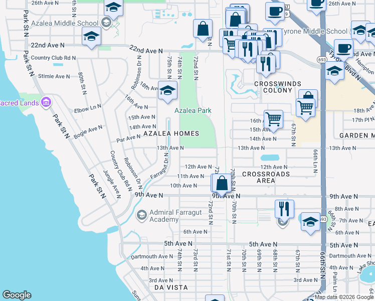 map of restaurants, bars, coffee shops, grocery stores, and more near 7326 13th Avenue North in St. Petersburg