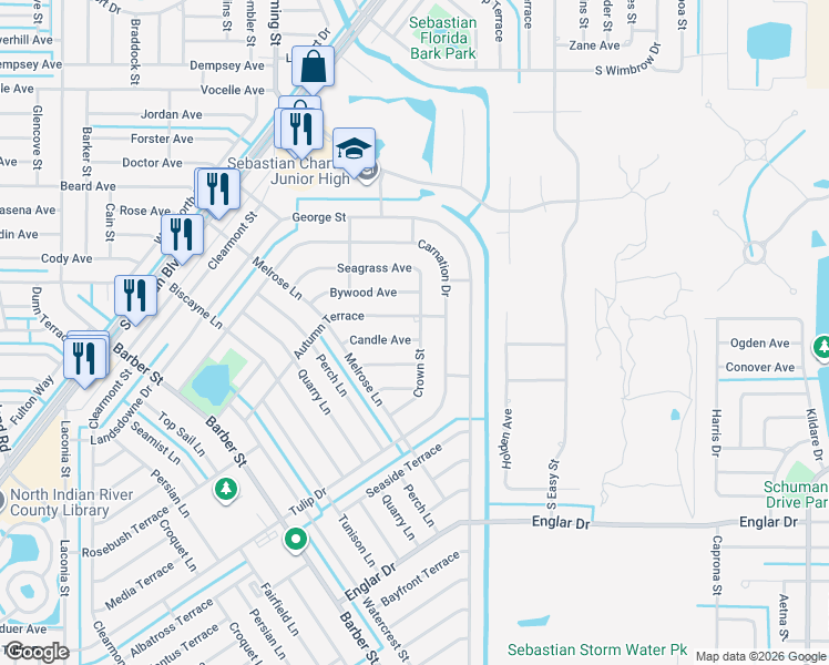 map of restaurants, bars, coffee shops, grocery stores, and more near 401 Candle Avenue in Sebastian