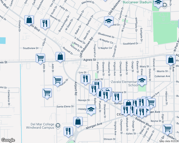 map of restaurants, bars, coffee shops, grocery stores, and more near 202 Cortez Street in Corpus Christi