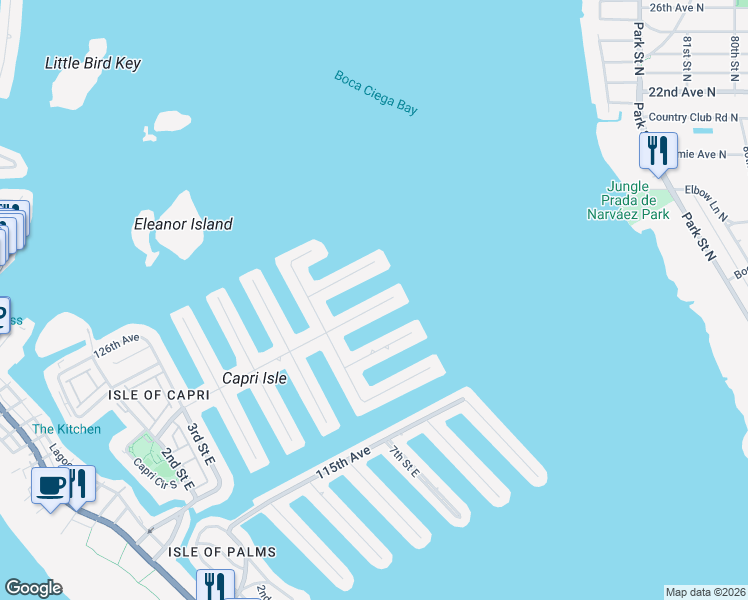 map of restaurants, bars, coffee shops, grocery stores, and more near 800 Capri Boulevard in Treasure Island