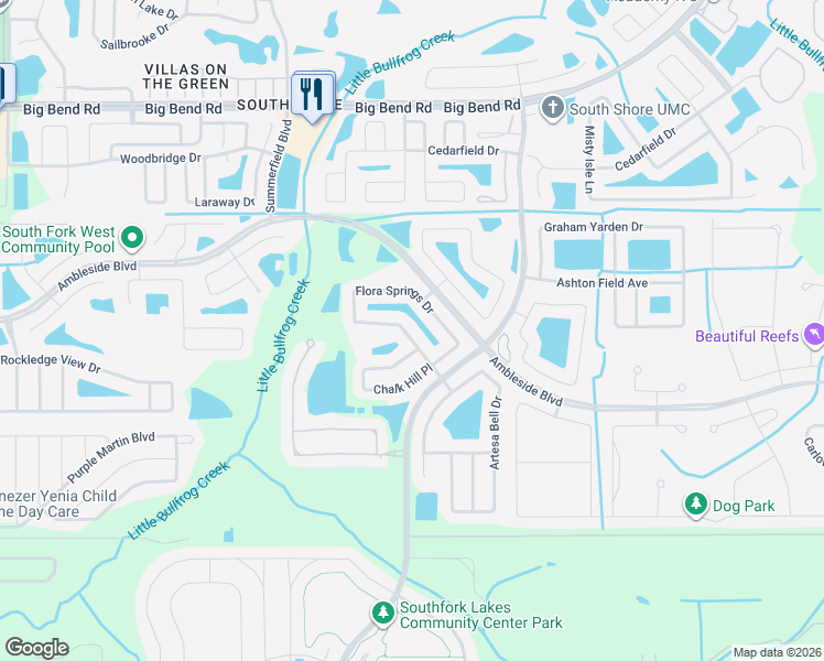 map of restaurants, bars, coffee shops, grocery stores, and more near 11432 Flora Springs Drive in Riverview