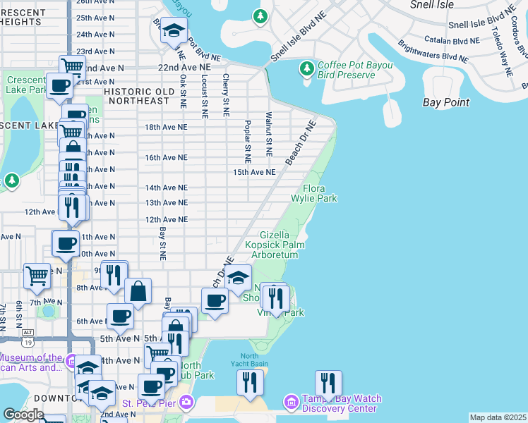 map of restaurants, bars, coffee shops, grocery stores, and more near 736 13th Avenue Northeast in St. Petersburg