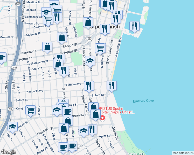map of restaurants, bars, coffee shops, grocery stores, and more near 805 South Water Street in Corpus Christi
