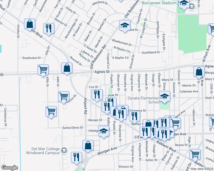 map of restaurants, bars, coffee shops, grocery stores, and more near 202 Cortez Street in Corpus Christi