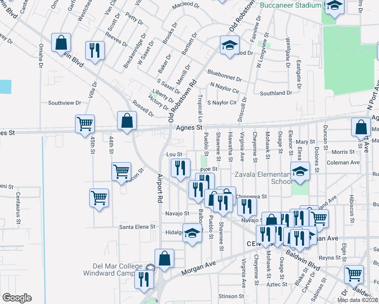map of restaurants, bars, coffee shops, grocery stores, and more near 202 Cortez Street in Corpus Christi