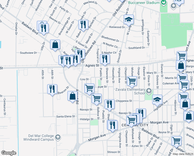 map of restaurants, bars, coffee shops, grocery stores, and more near 202 Cortez Street in Corpus Christi