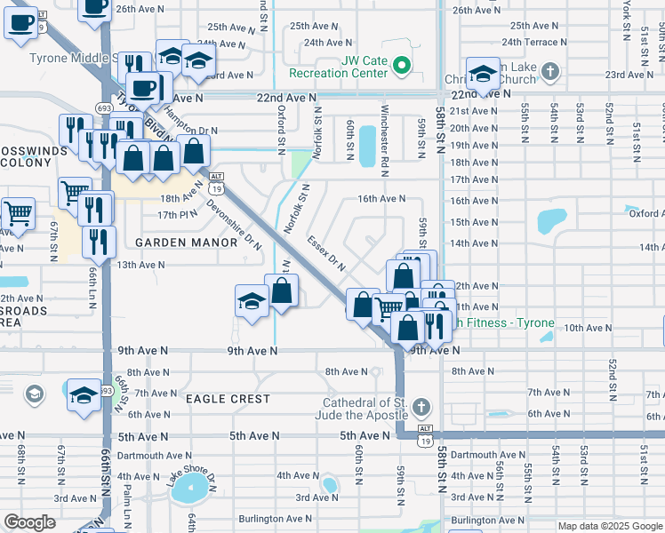 map of restaurants, bars, coffee shops, grocery stores, and more near 1256 Essex Drive North in St. Petersburg