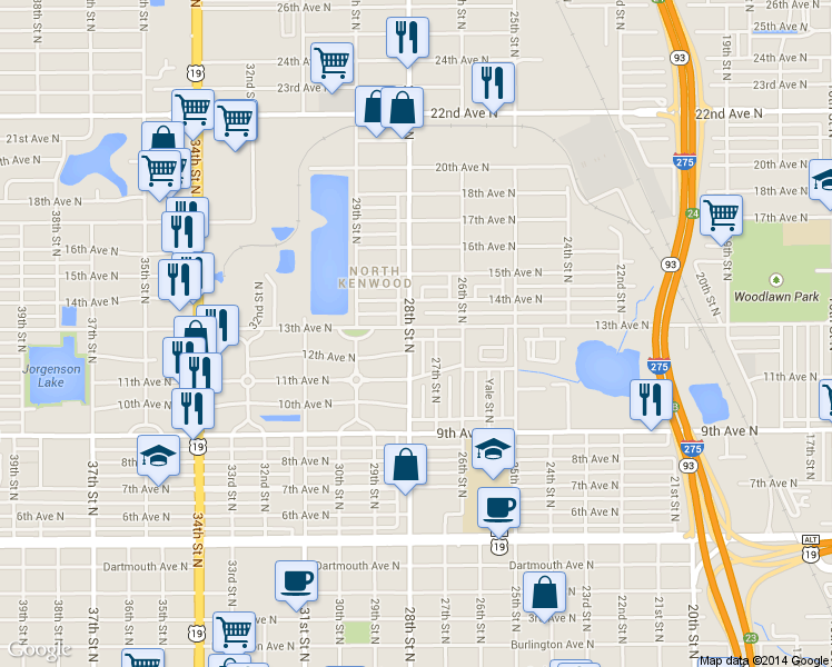 map of restaurants, bars, coffee shops, grocery stores, and more near 2720 13th Avenue North in St. Petersburg