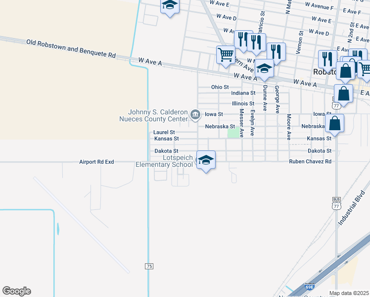 map of restaurants, bars, coffee shops, grocery stores, and more near 1219 Dakota Street in Robstown