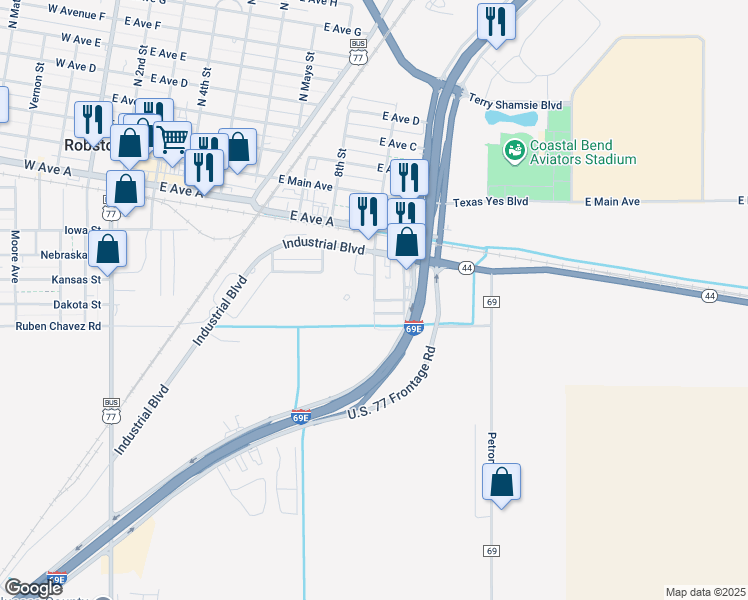 map of restaurants, bars, coffee shops, grocery stores, and more near 499 S 9th St in Robstown