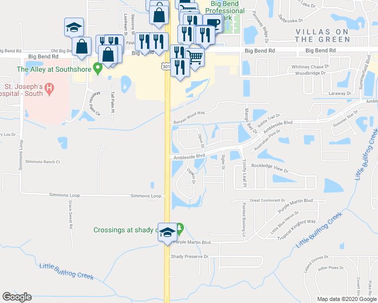 map of restaurants, bars, coffee shops, grocery stores, and more near 10555 Opus Drive in Riverview