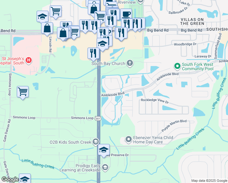 map of restaurants, bars, coffee shops, grocery stores, and more near 10559 Opus Drive in Riverview