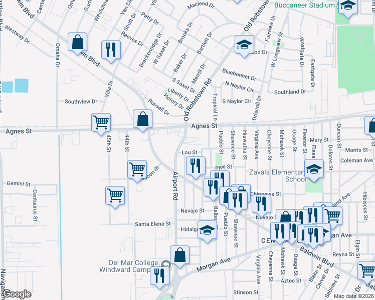 map of restaurants, bars, coffee shops, grocery stores, and more near 4038 Lou Street in Corpus Christi